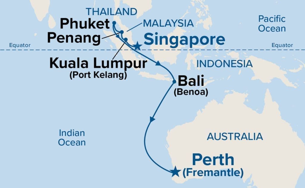 Singapore to Fremantle on Sapphire Princess Map