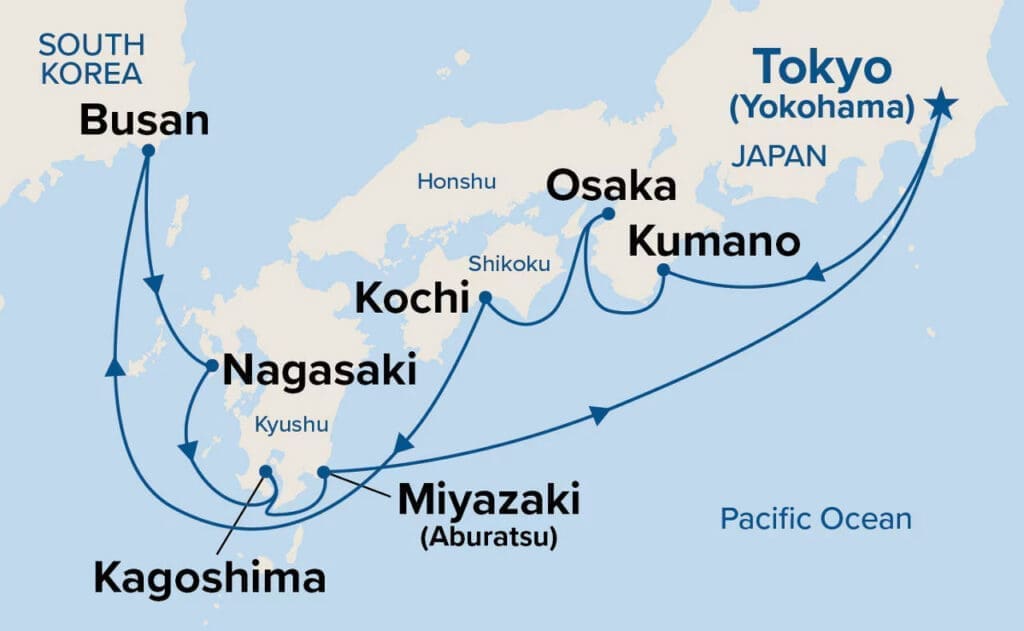 Japan Explorer with Kumano Fireworks on Diamond Princess Map