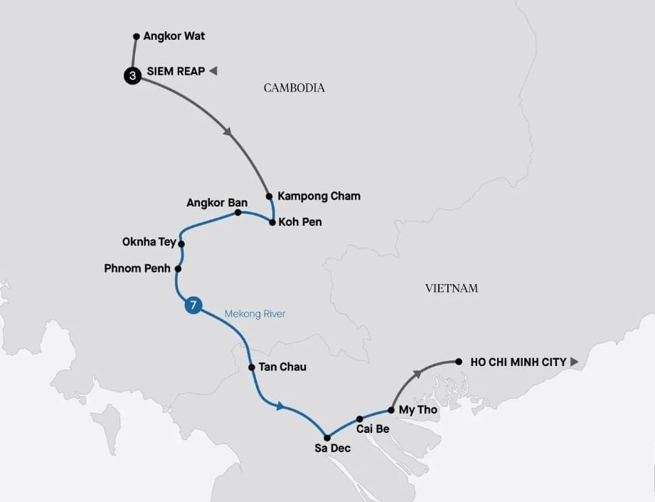 APT Siem Reap to Ho Chi Minh River Cruise Map