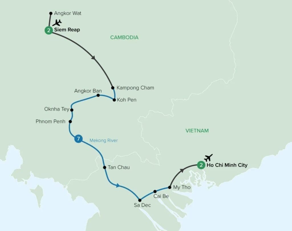 Siem Reap to Ho Chi MInh City River Cruise Map