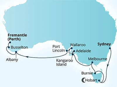 Seabourn Sydney to Perth March 2027 Map